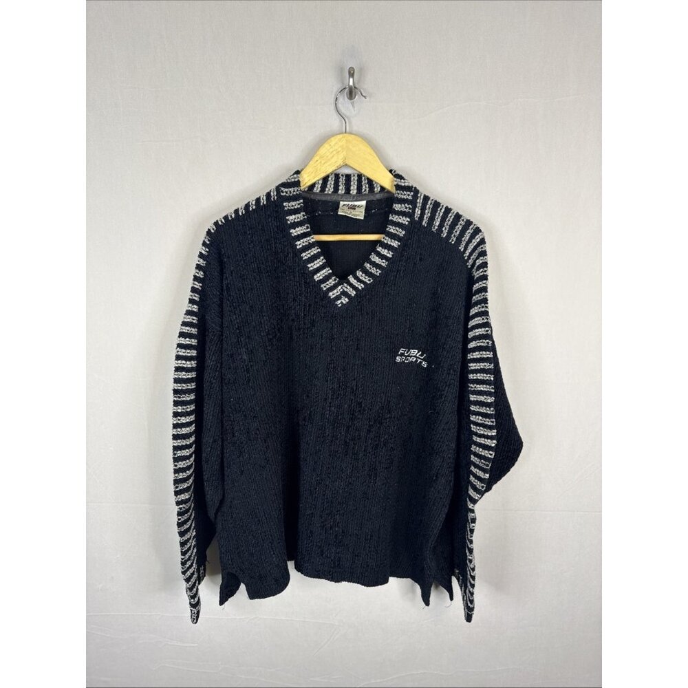 FUBU The‎ Collection Terry Knit Sweater V-Neck Black White Mens M Korea 90s